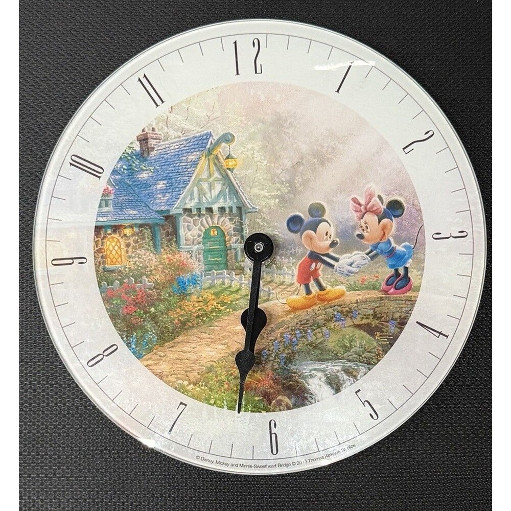 Disney Thomas Kinkade Mickey & Minnie Mouse "Sweetheart Bridge" 8" Glass W-Clock
